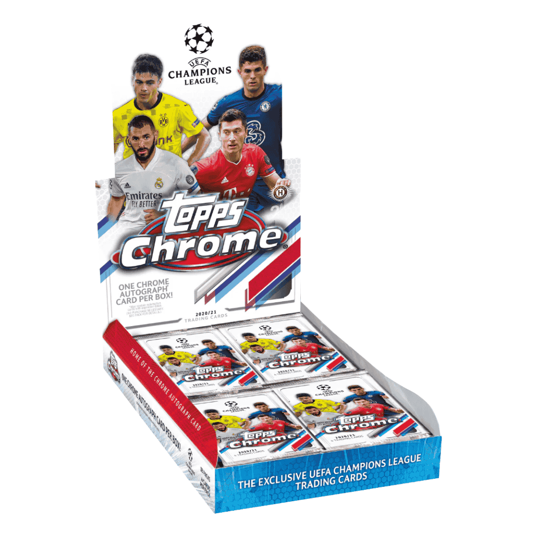 A 2020-21 Topps UEFA Champions League Chrome soccer hobby box containing multiple packs.