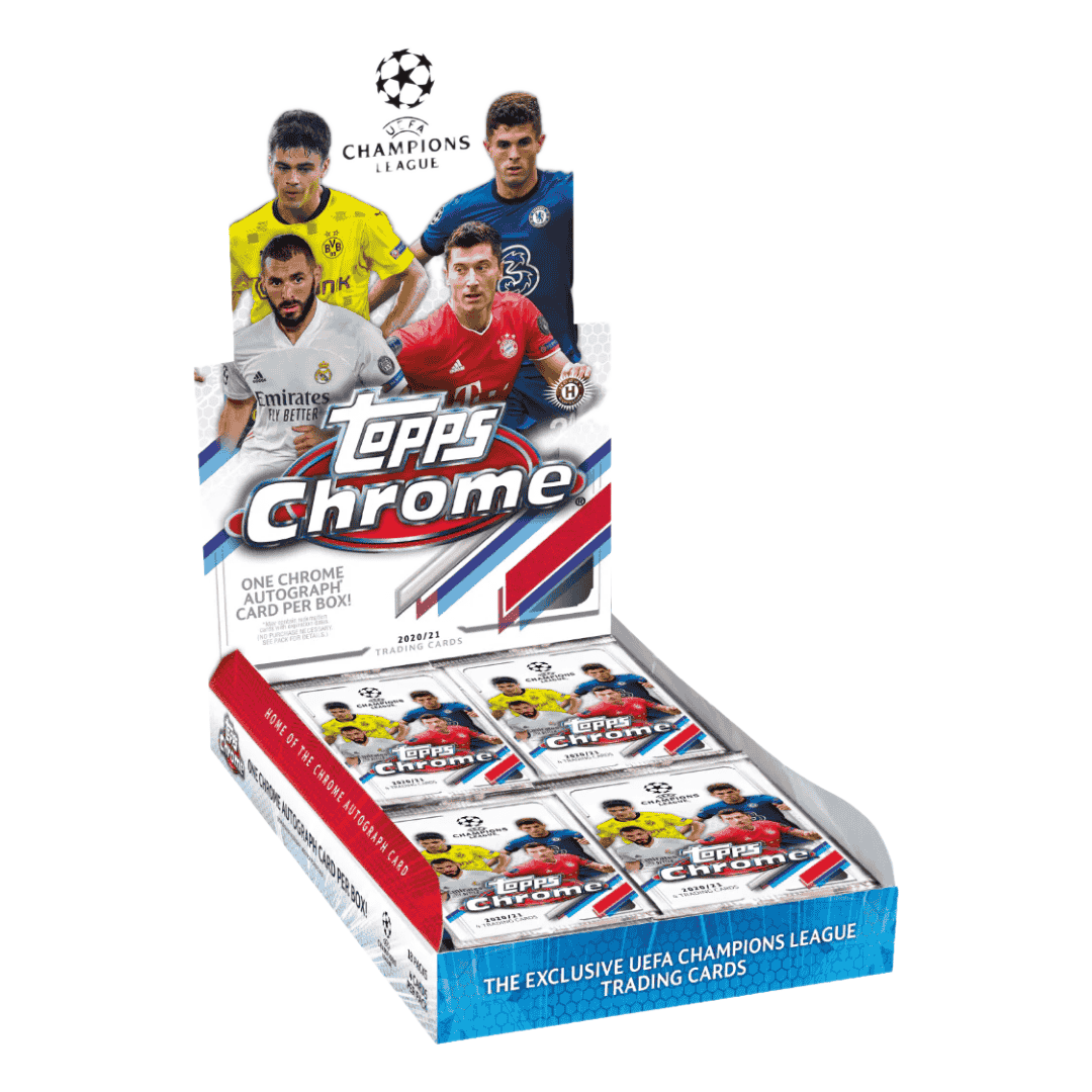 A 2020-21 Topps UEFA Champions League Chrome soccer hobby box containing multiple packs.