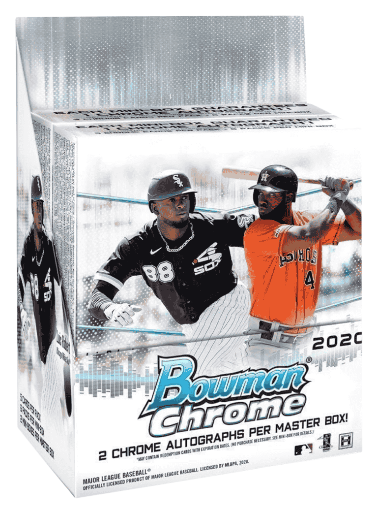 A 2020 Bowman Chrome baseball hobby box featuring Luis Robert and Yordan Alvarez on the front.