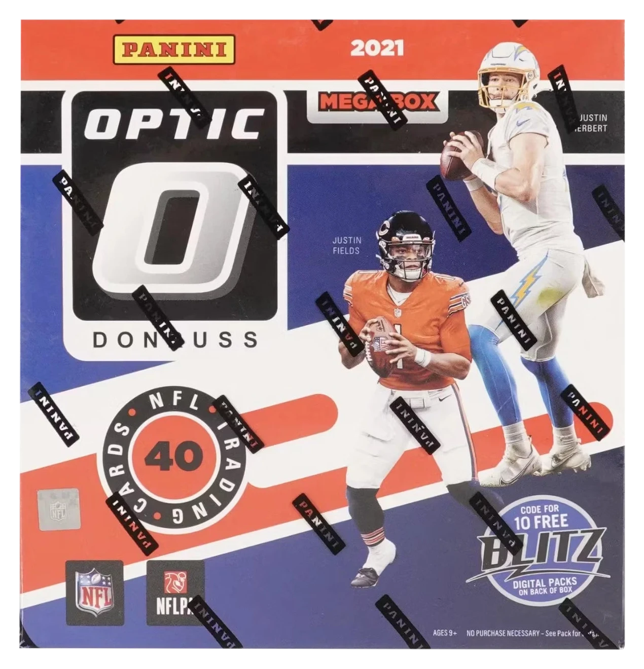 A 2021 Panini Donruss Optic Football mega box featuring Justin Herbert and Justin Fields.