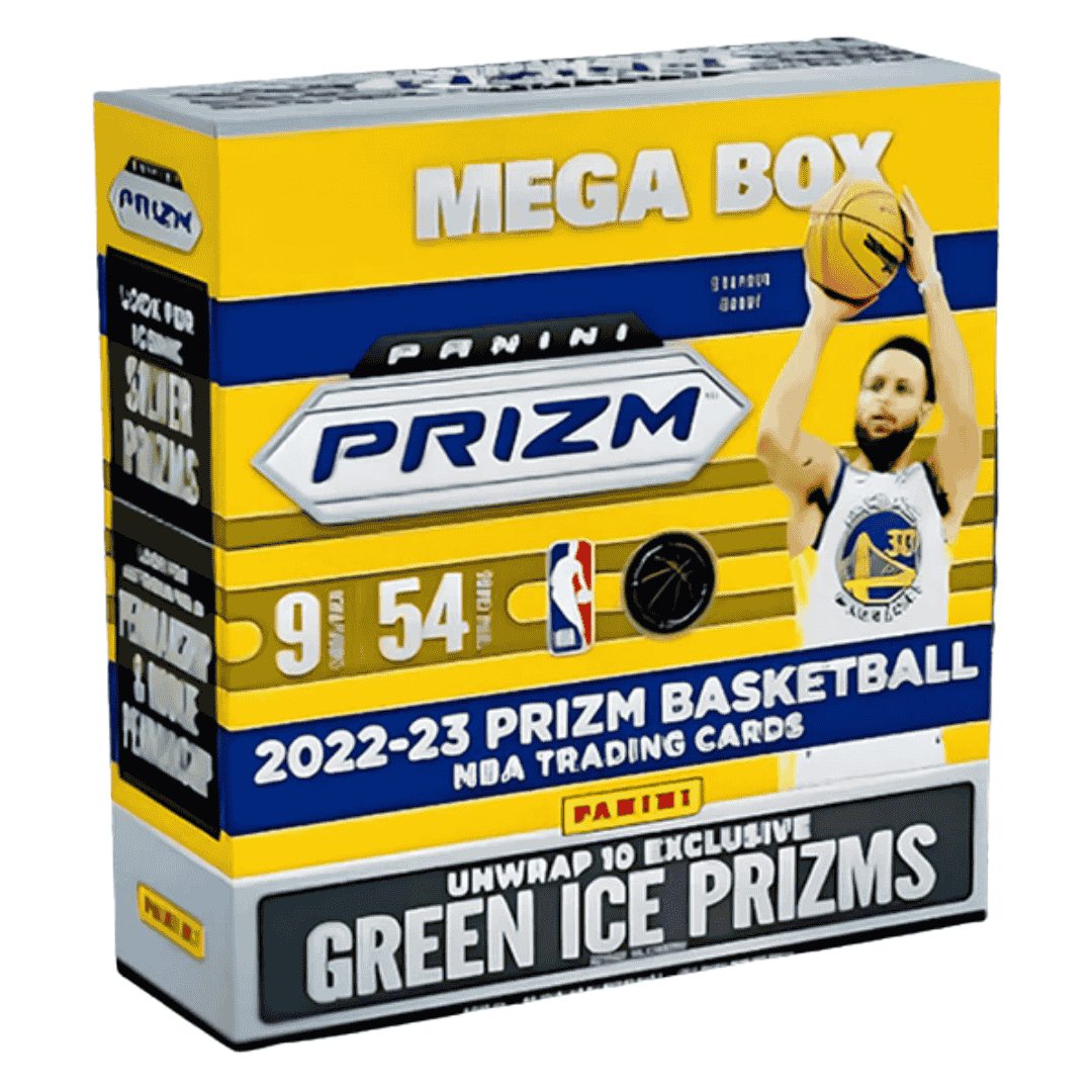 A 2022-23 Panini Prizm Basketball Mega Box featuring Stephen Curry on the packaging.