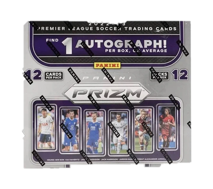 A 2022-23 Panini Prizm Premier League soccer hobby box featuring images of professional players.