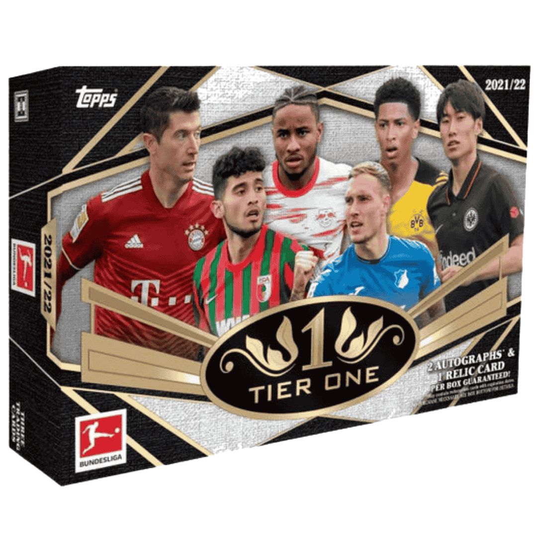 A 2021/22 Topps Tier One Bundesliga soccer hobby box featuring six players on the front.