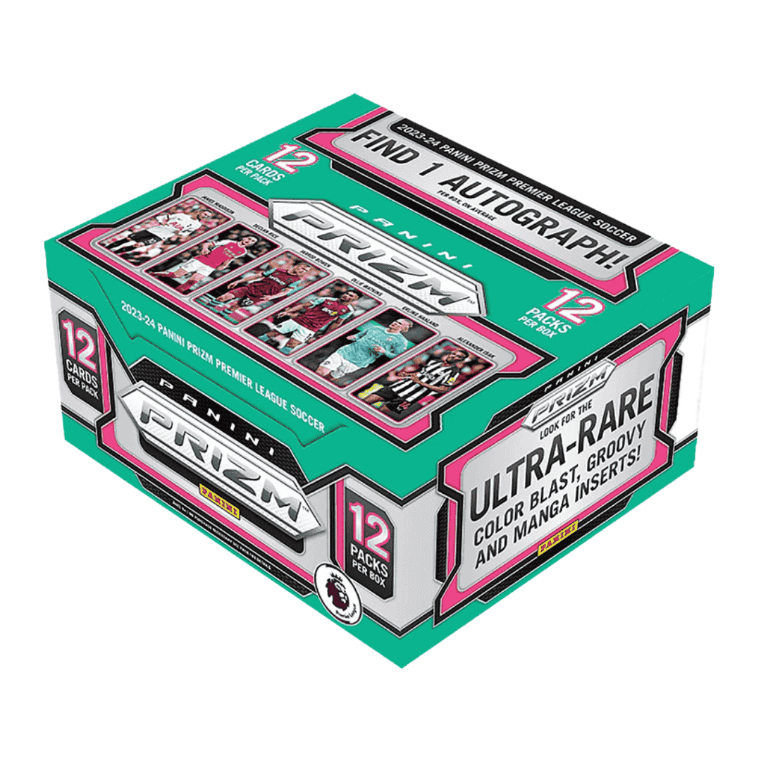 A 2023-24 Panini Prizm Premier League soccer hobby box featuring twelve packs of trading cards.
