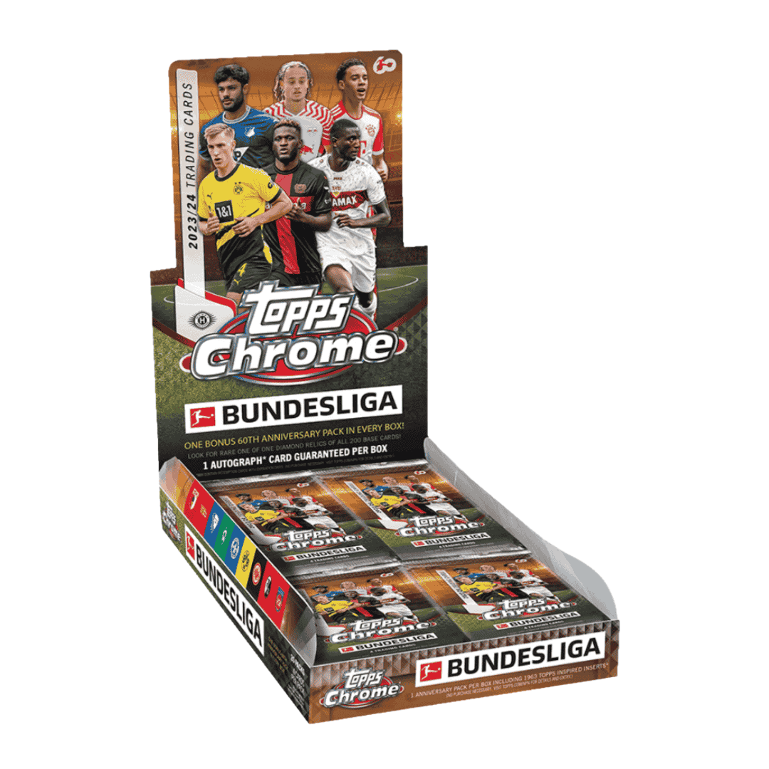 A 2023-24 Topps Chrome Bundesliga soccer hobby box containing multiple packs of trading cards.