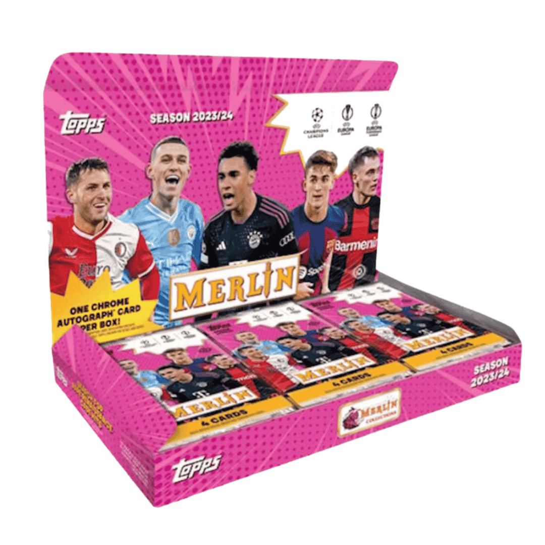A 2023-24 Topps Merlin Chrome soccer hobby box featuring UEFA club competition branding.