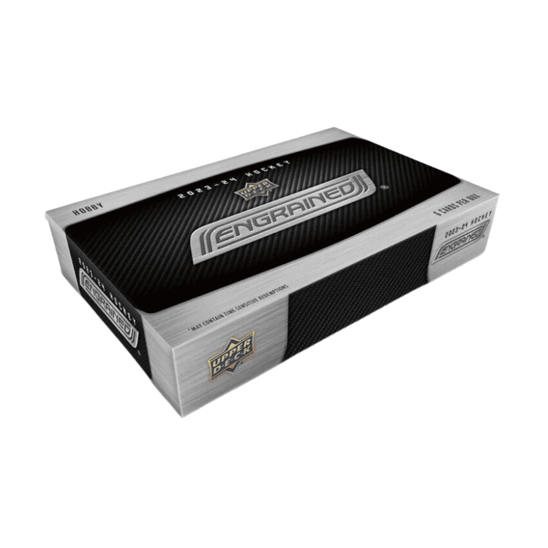 A 2023-24 Upper Deck Engrained hockey hobby box with a metallic and carbon fiber design.