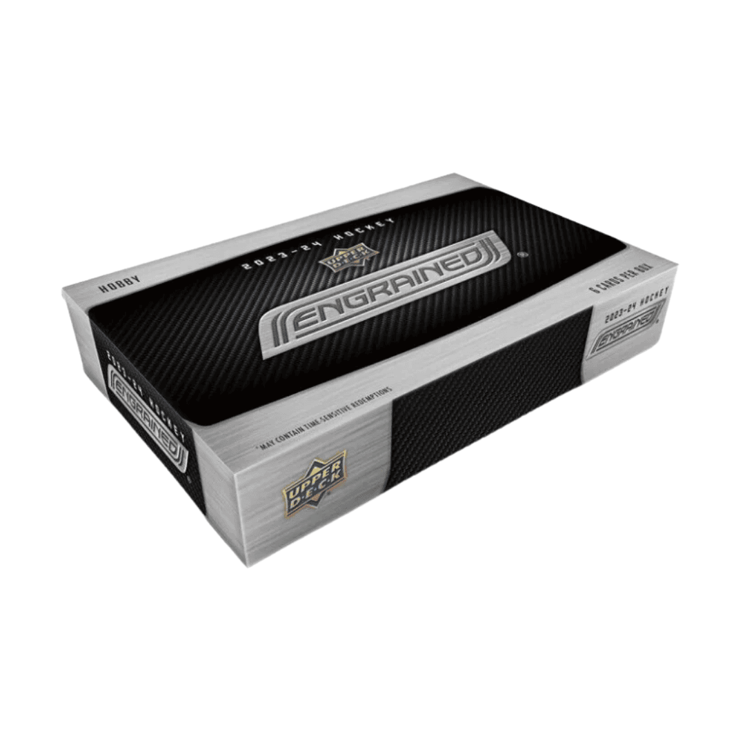 A 2023-24 Upper Deck Engrained hockey hobby box with a metallic and carbon fiber design.