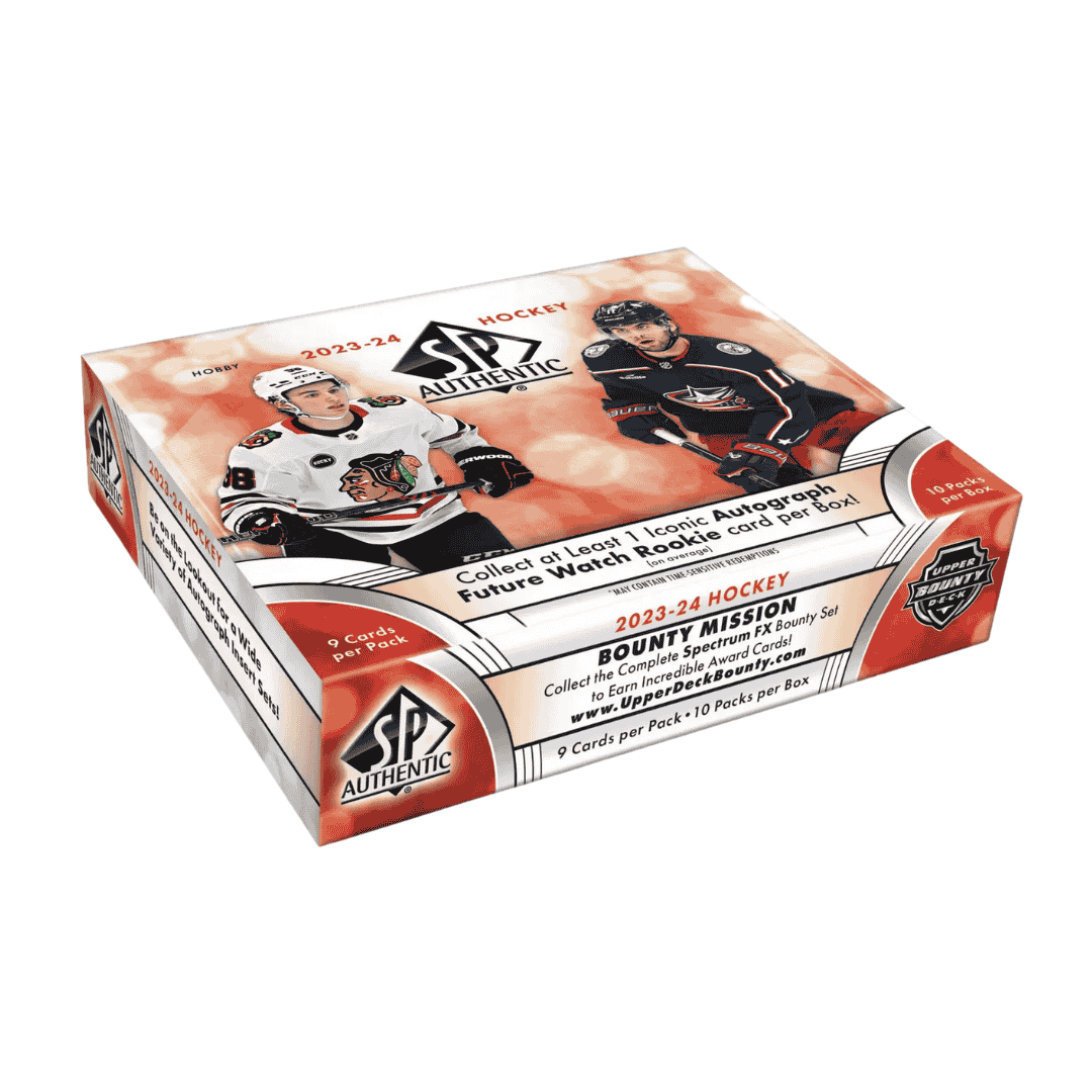A 2023-24 Upper Deck SP Authentic hockey hobby box featuring two players on the cover.