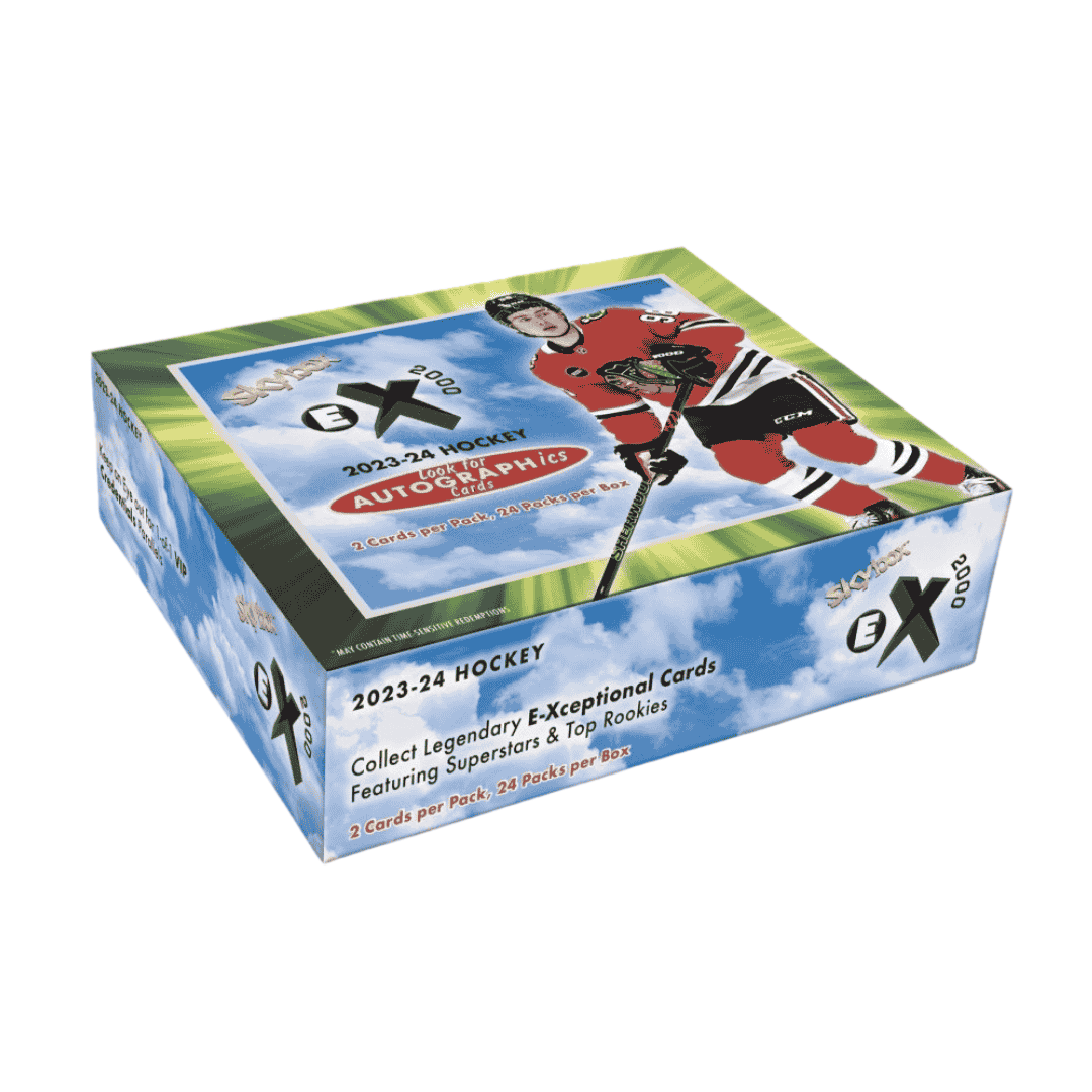 A 2023-24 Upper Deck Skybox E-X 2000 hockey hobby box featuring a sky-themed design.