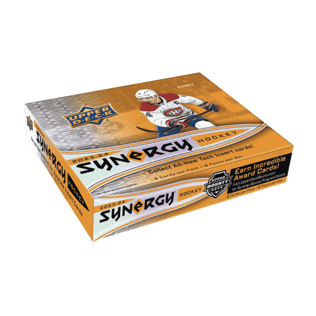 A 2023-24 Upper Deck Synergy hockey hobby box featuring a Montreal Canadiens player on the cover.