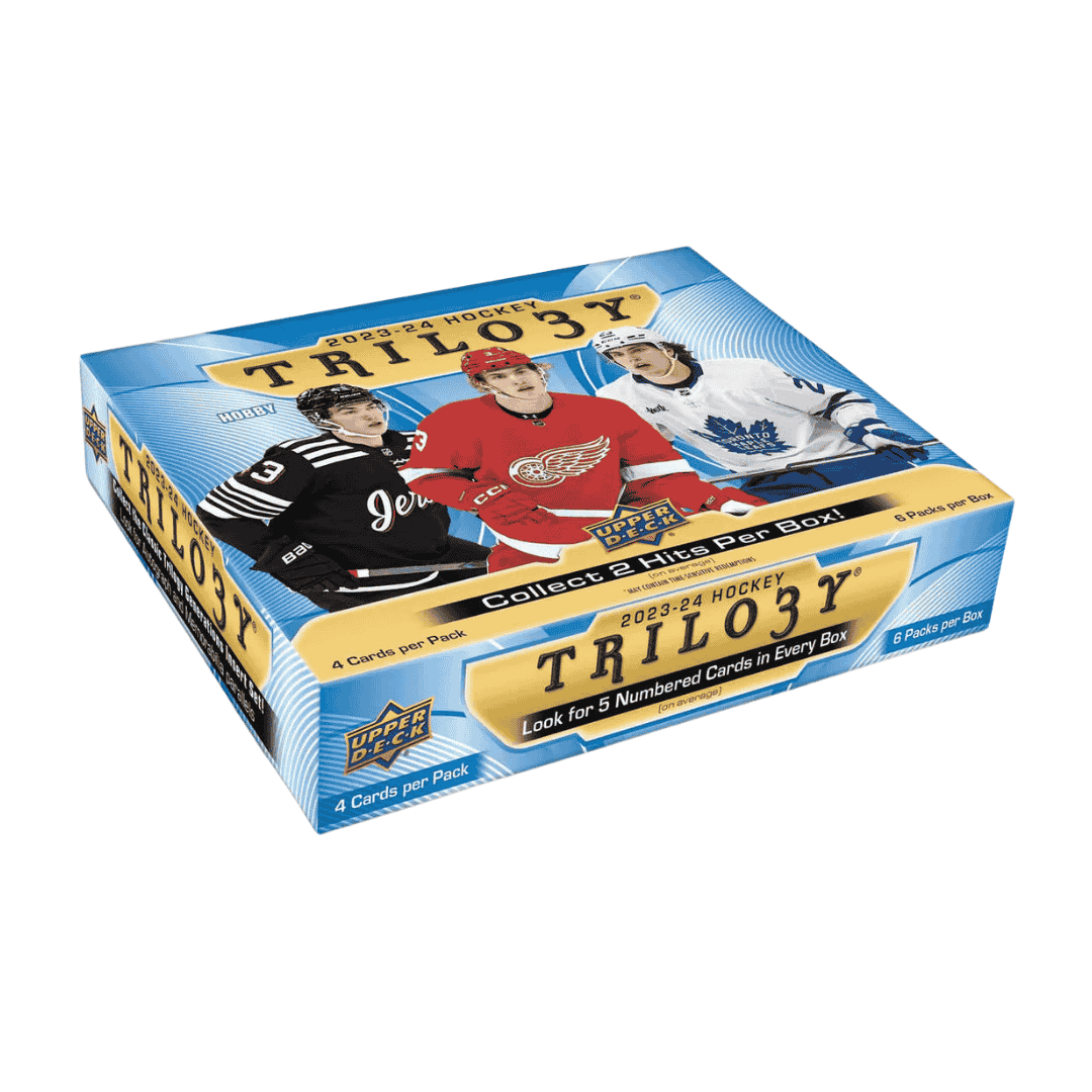 A 2023-24 Upper Deck Trilogy hockey hobby box featuring three players on the packaging.
