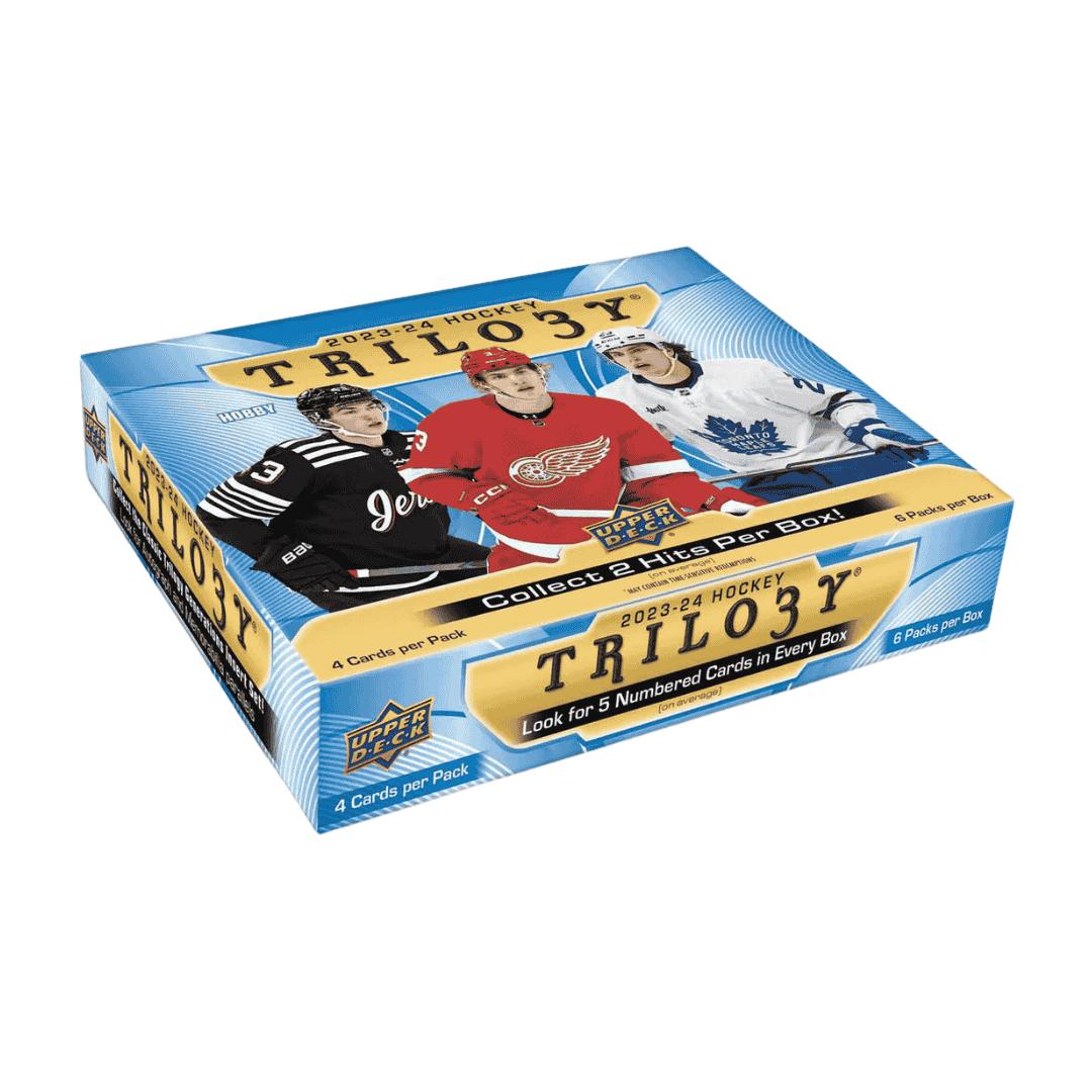 A 2023-24 Upper Deck Trilogy hockey hobby box featuring three players on the packaging.