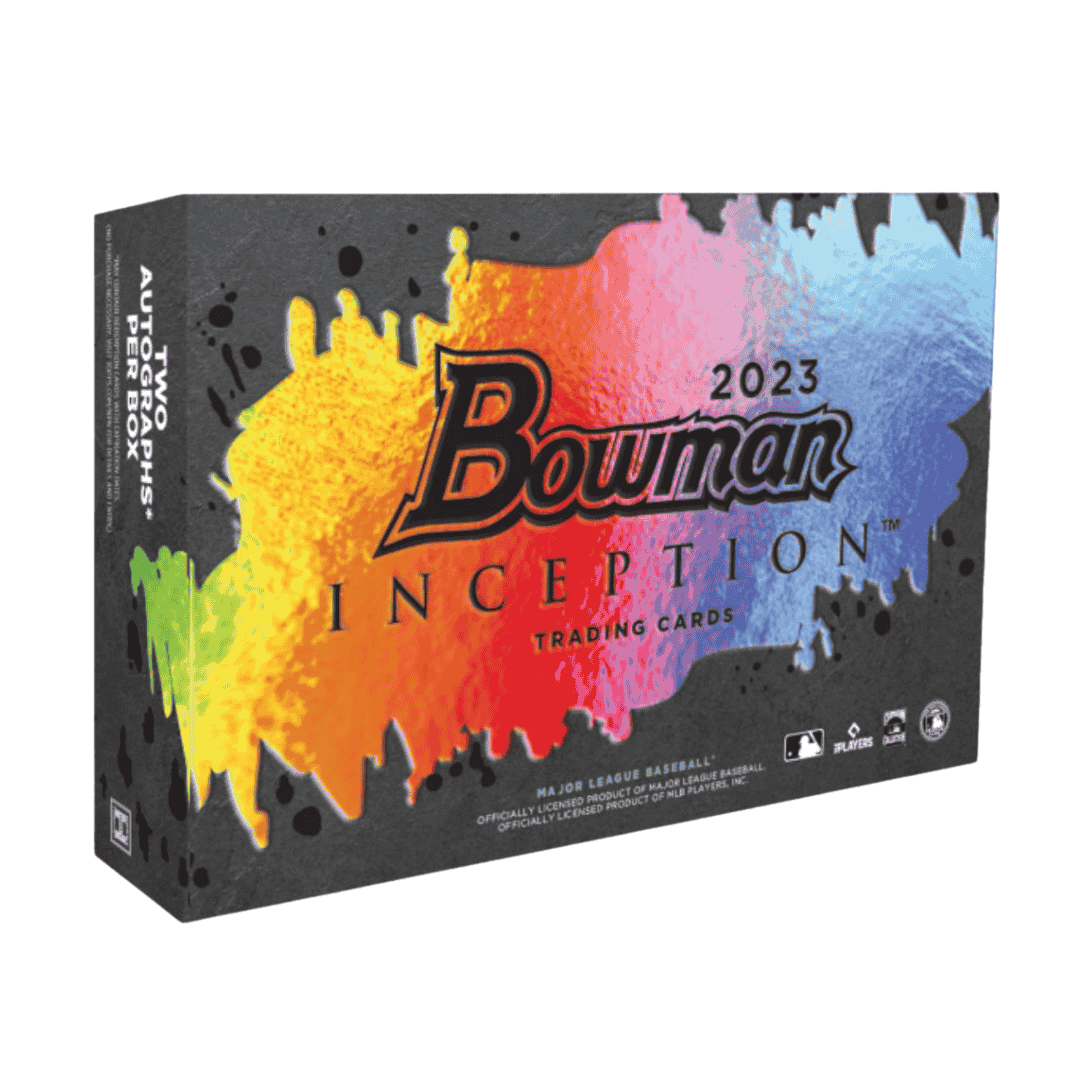 A 2023 Bowman Inception baseball hobby box with a colorful watercolor design on a black background.