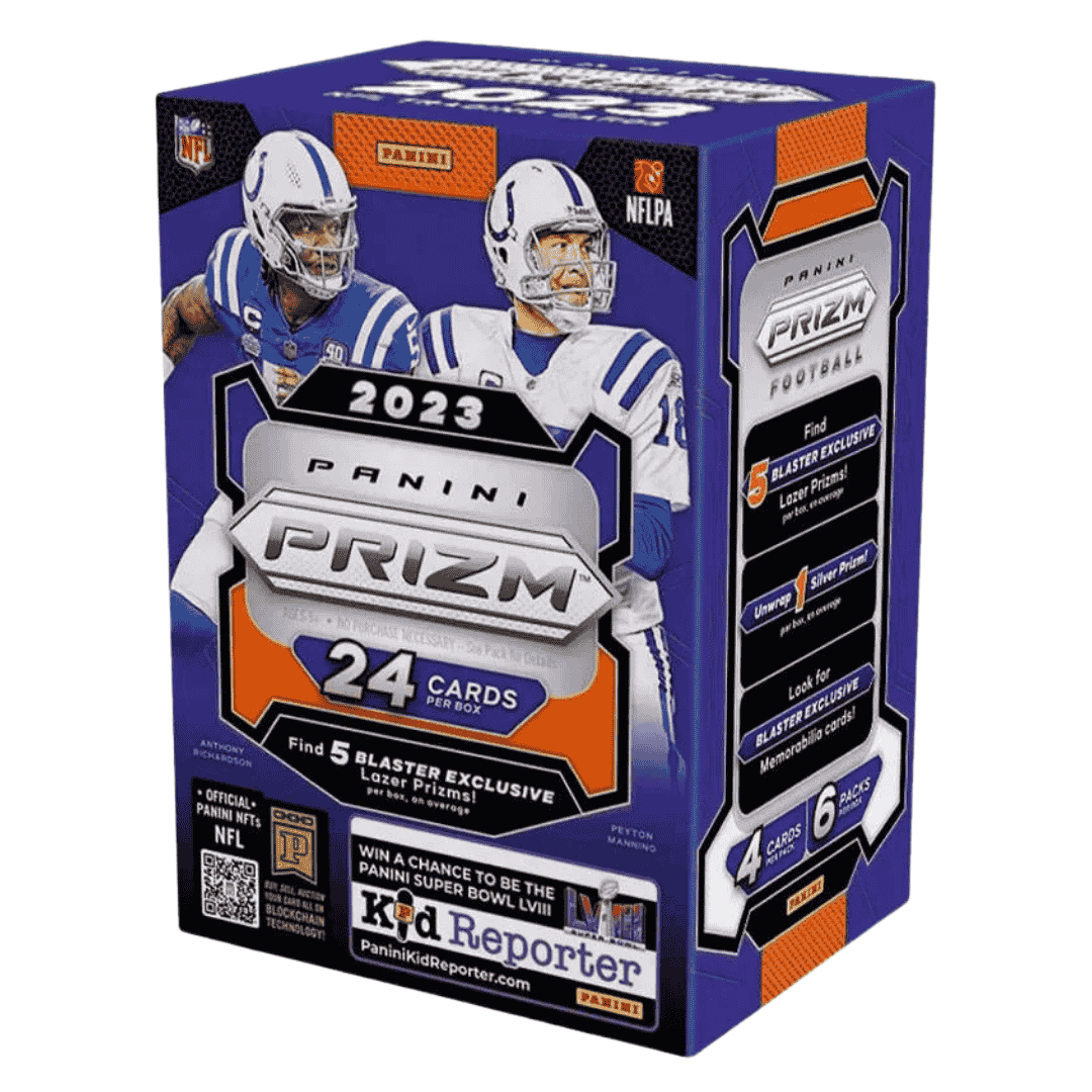 A 2023 Panini Prizm Football blaster box featuring Anthony Richardson and Peyton Manning.