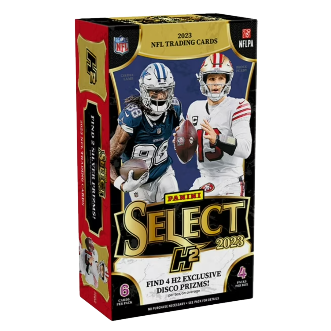 A 2023 Panini Select Football H2 trading card box featuring CeeDee Lamb and Brock Purdy.