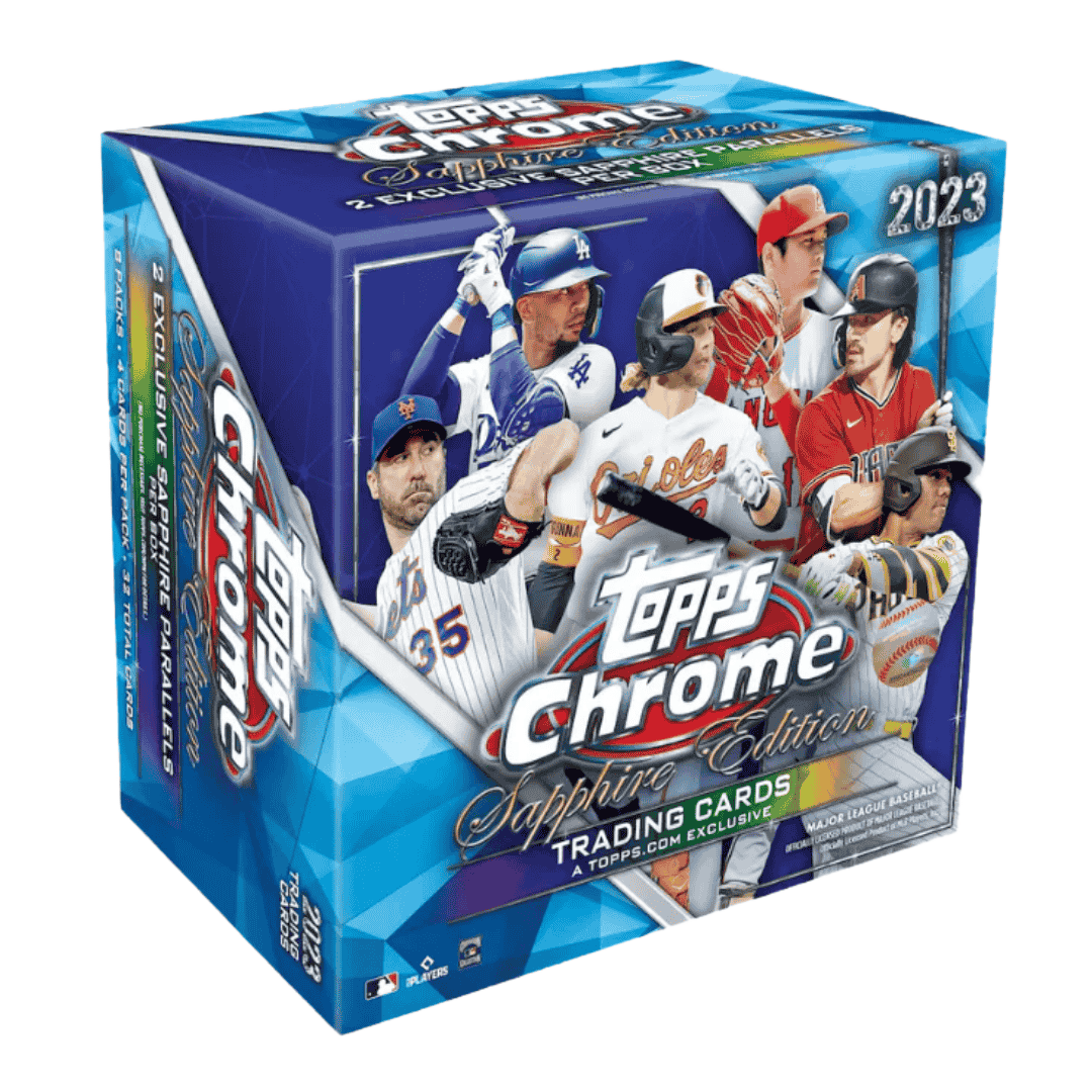 A 2023 Topps Chrome Baseball Sapphire Edition box featuring blue geometric patterns.