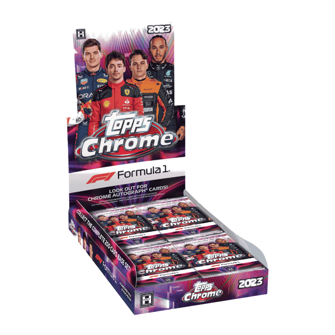 A 2023 Topps Chrome Formula 1 hobby box featuring racing drivers on the packaging.