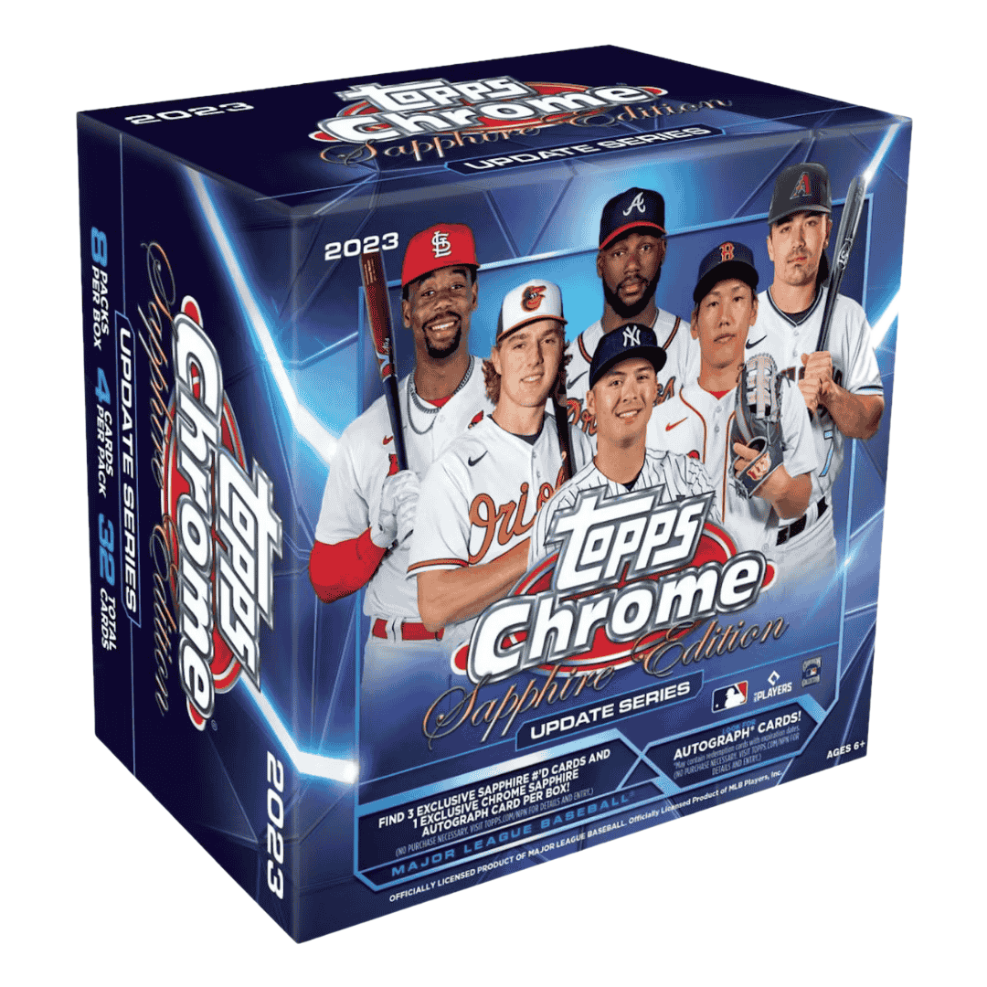 A 2023 Topps Chrome Update Baseball Sapphire Edition hobby box featuring six MLB players.