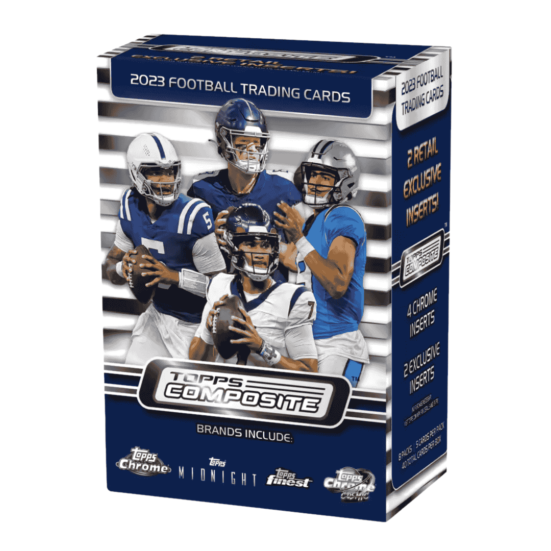 A 2023 Topps Composite Football blaster box featuring four football players on the front.