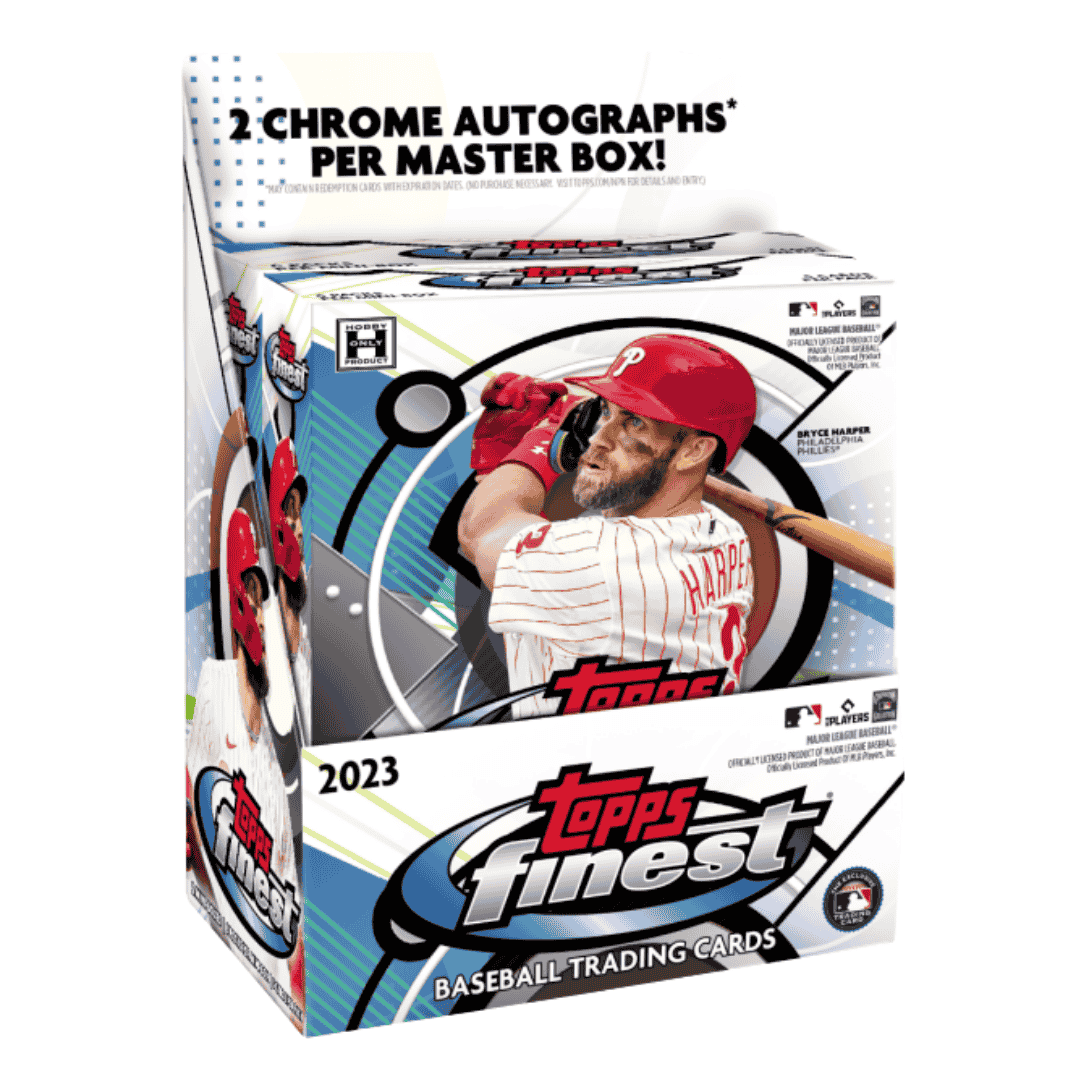 A 2023 Topps Finest Baseball hobby box featuring Bryce Harper on the packaging.