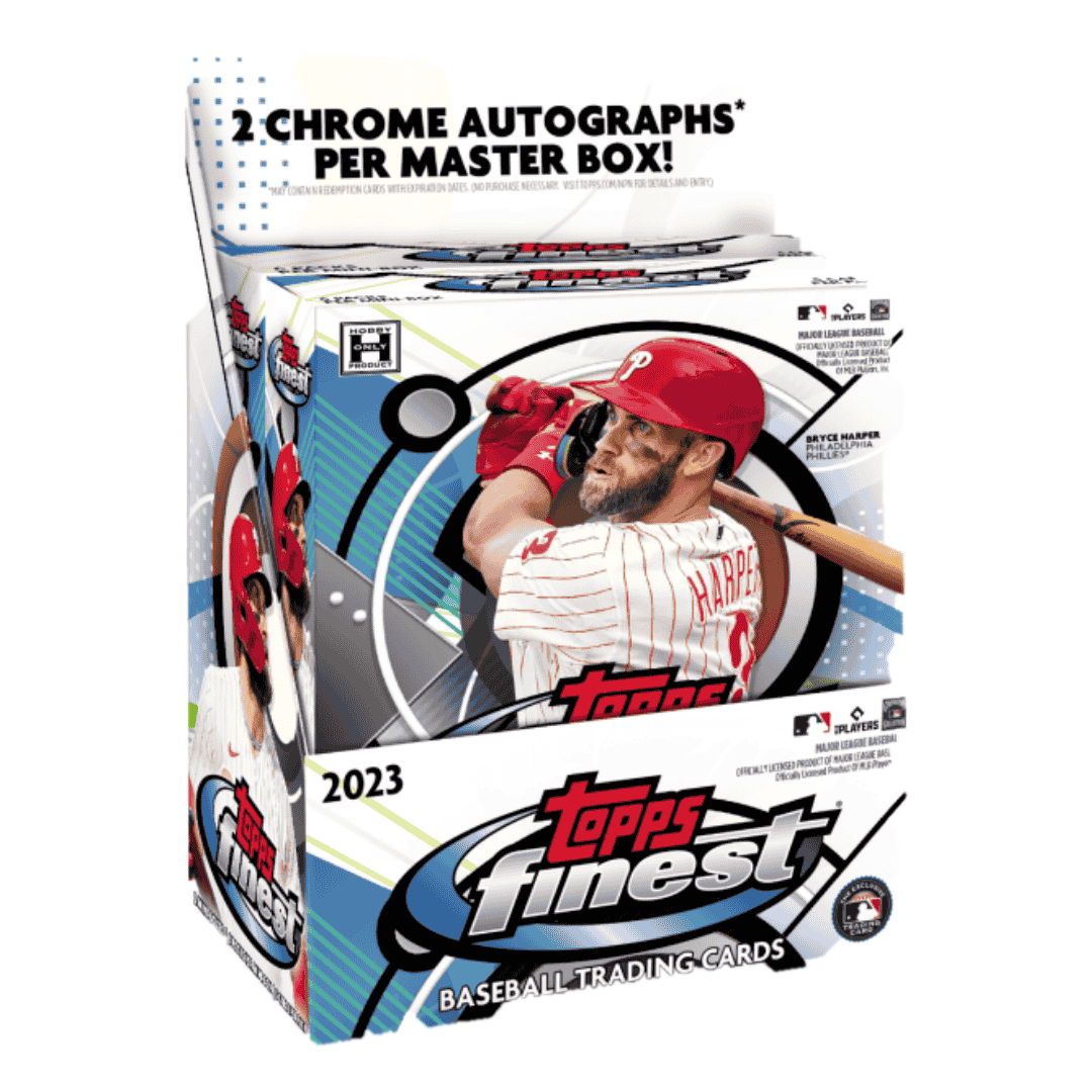 A 2023 Topps Finest Baseball hobby box featuring Bryce Harper on the packaging.
