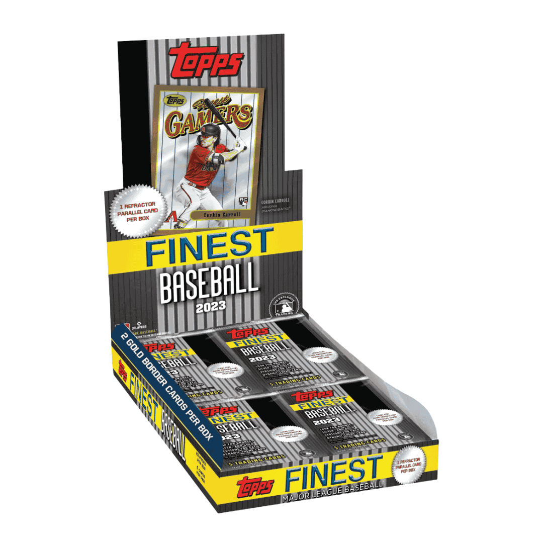 A 2023 Topps Finest Flashback baseball hobby box featuring a Corbin Carroll card display.