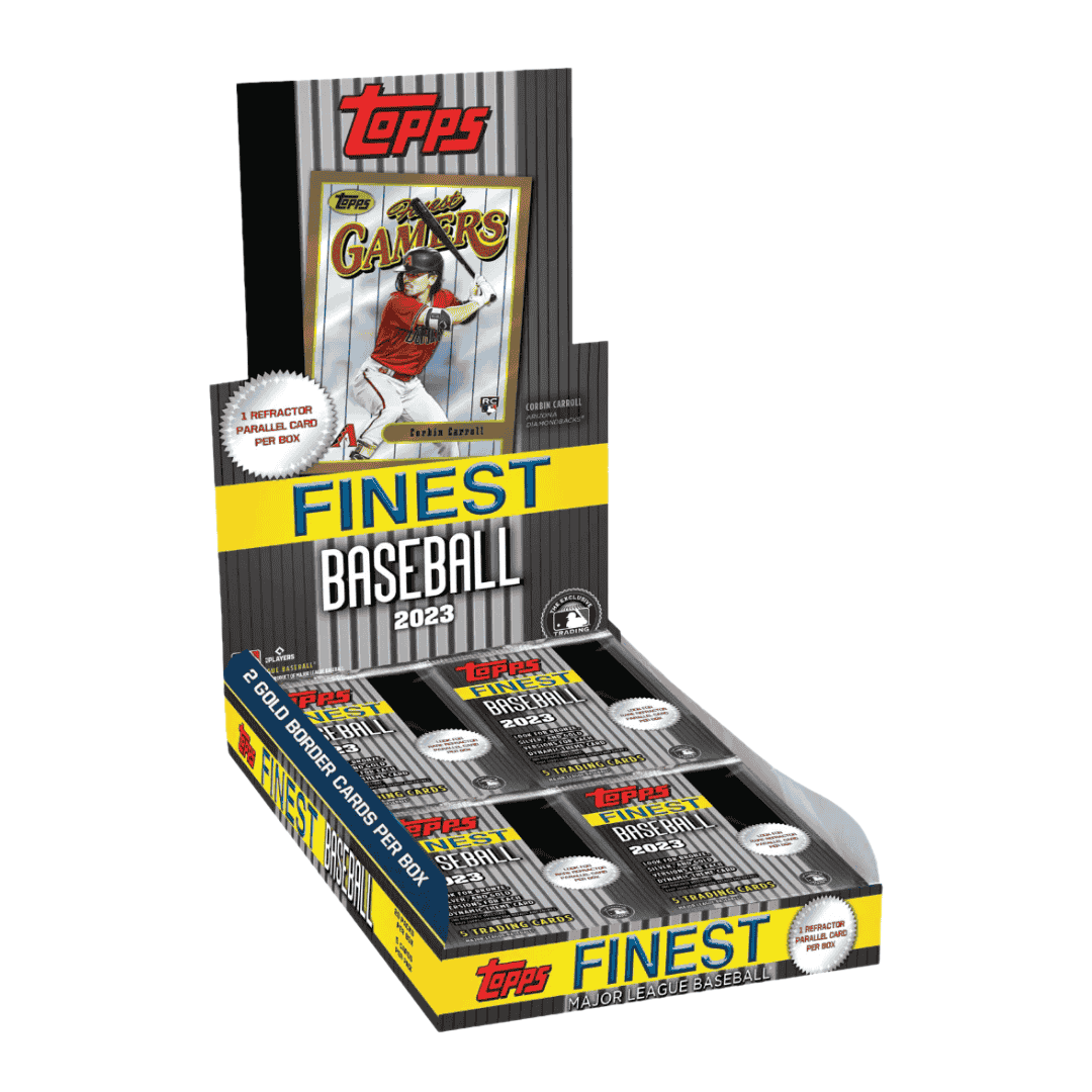 A 2023 Topps Finest Flashback baseball hobby box featuring a Corbin Carroll card display.