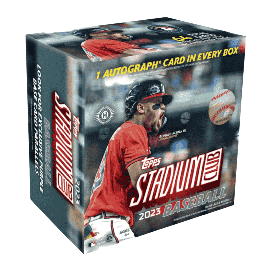 A 2023 Topps Stadium Club Baseball hobby compact box featuring Ronald Acuna Jr. on the cover.