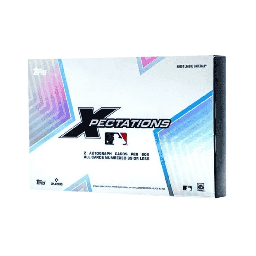 A 2023 Topps Xpectations Baseball hobby box featuring a white design with blue and pink accents.