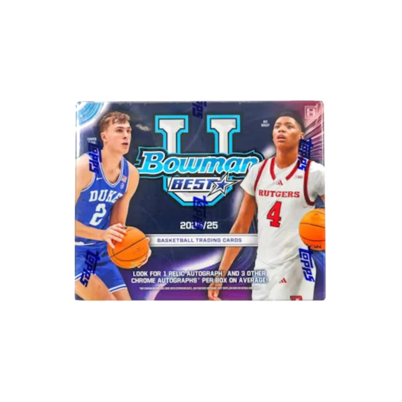 A 2024-25 Bowman University Best basketball hobby box featuring collegiate players on the cover.
