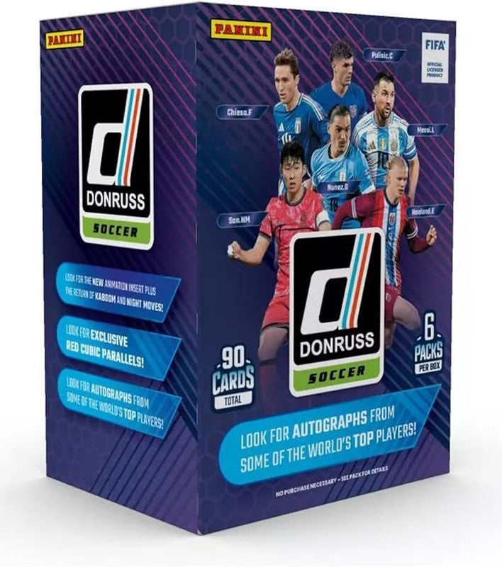 A 2024-25 Panini Donruss Soccer blaster box featuring professional players on the packaging.