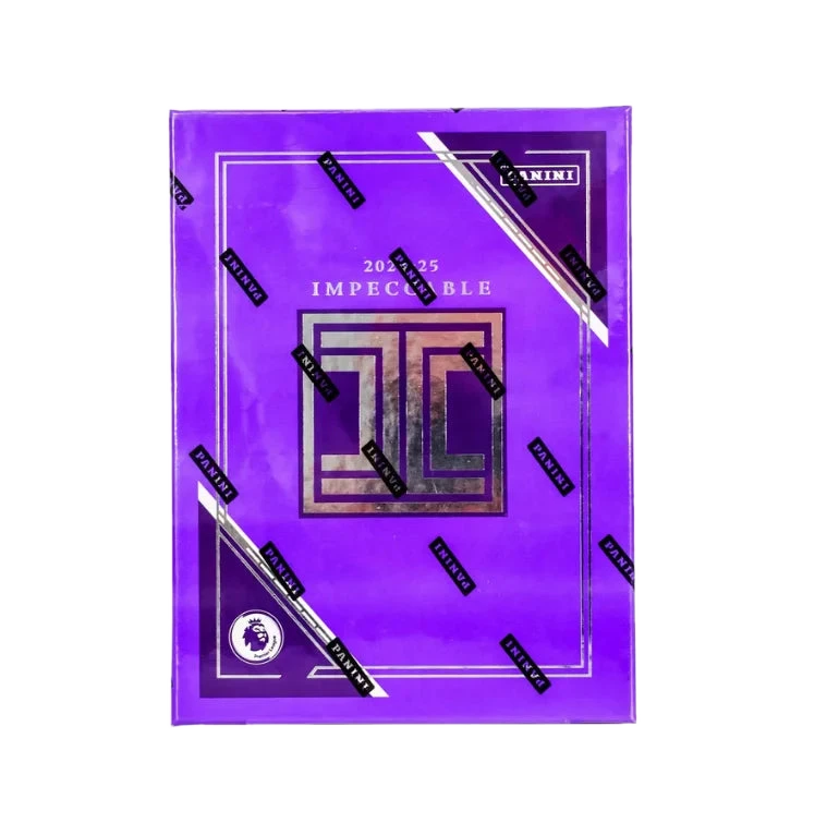 A purple 2024-25 Panini Impeccable Premier League soccer hobby box with gold branding.