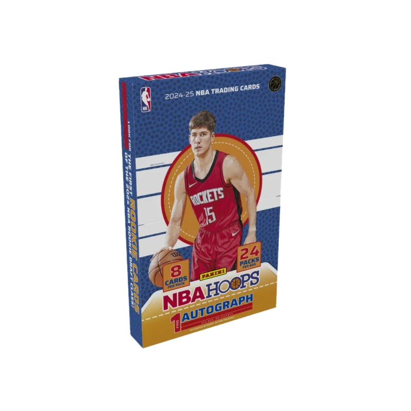 A 2024-25 Panini NBA Hoops basketball hobby box featuring a Houston Rockets player on the front.