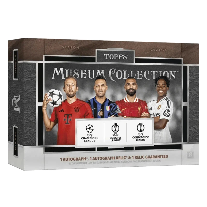 A 2024-25 Topps Museum Collection soccer hobby box featuring four players on the packaging.