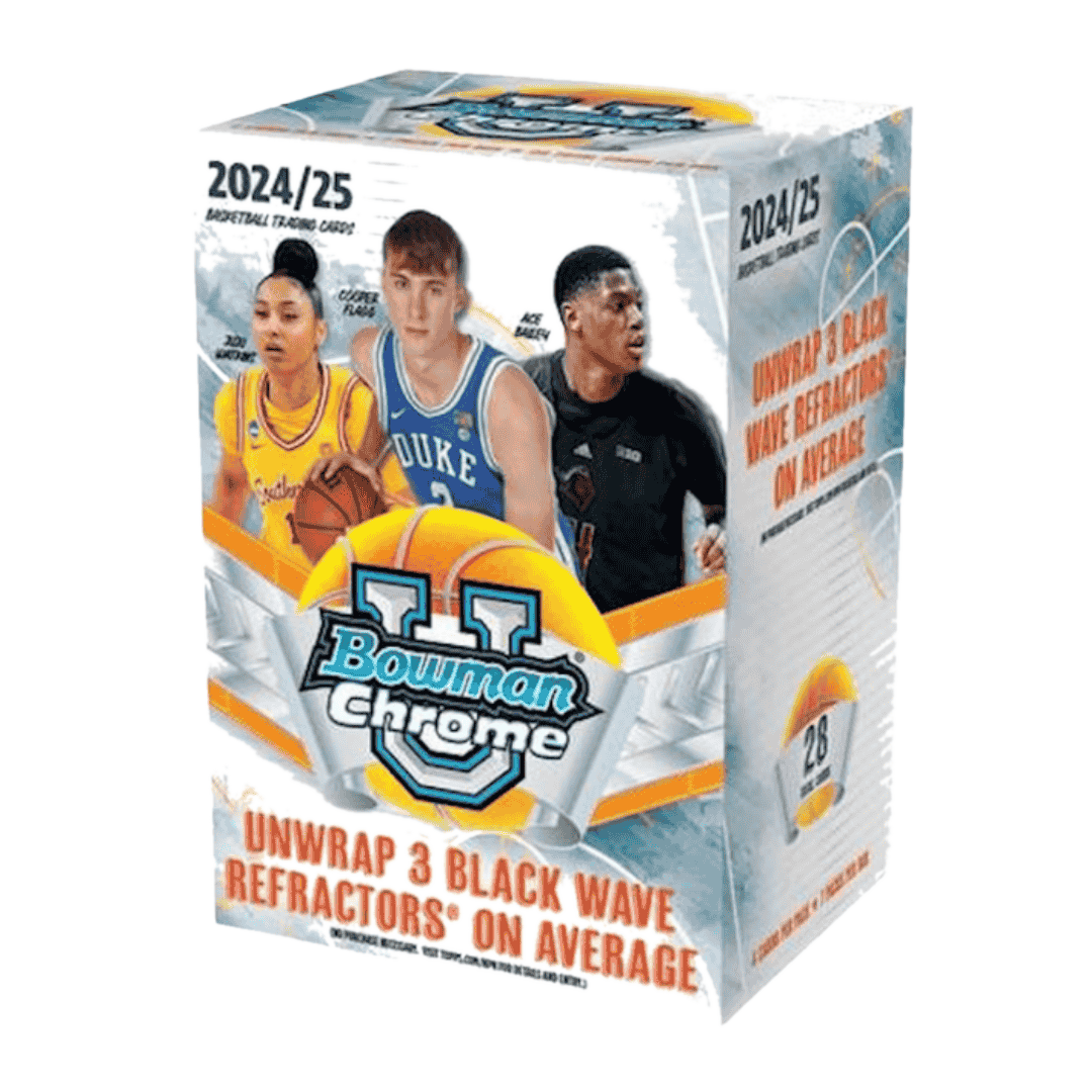A 2024-25 Bowman Chrome University Basketball blaster box featuring collegiate athletes.