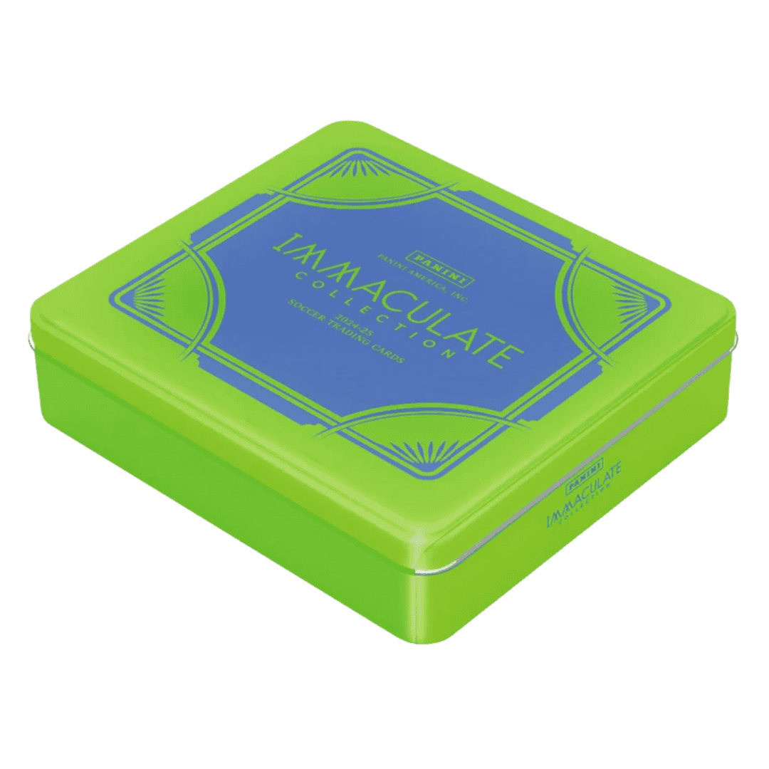 A lime green rectangular metal hobby box for 2024-25 Panini Immaculate soccer trading cards.