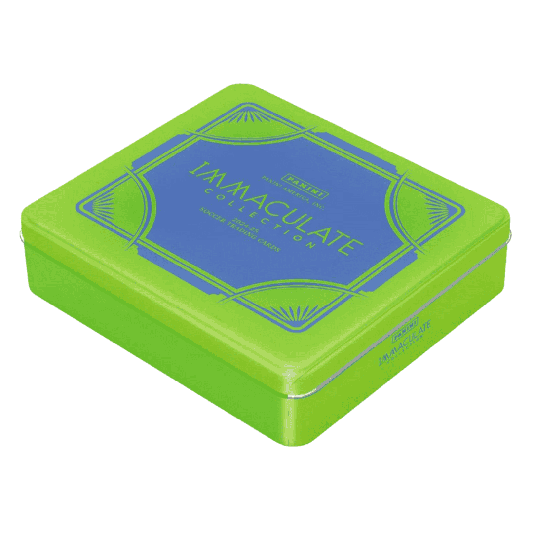 A lime green rectangular metal hobby box for 2024-25 Panini Immaculate soccer trading cards.