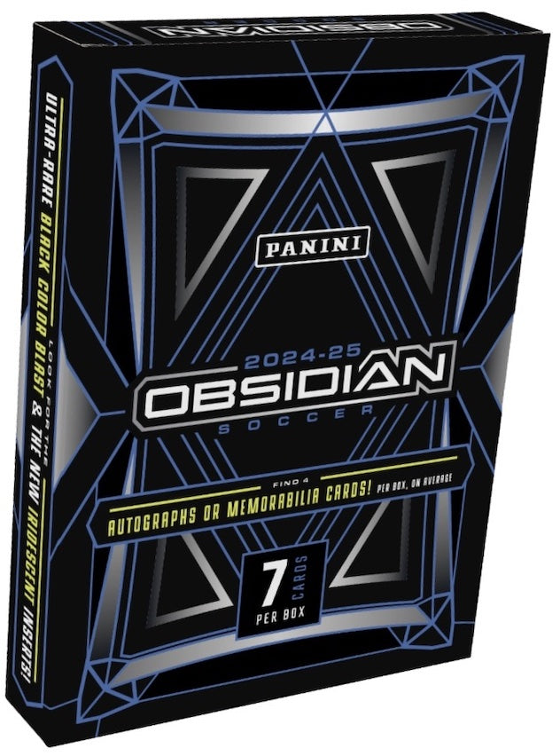 A 2024-25 Panini Obsidian Soccer hobby box featuring a black and blue geometric design.