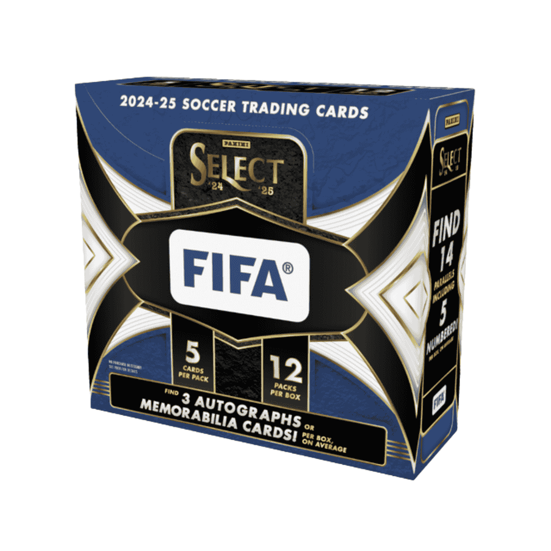 A 2024-25 Panini Select FIFA soccer hobby box featuring blue, black, and gold branding.