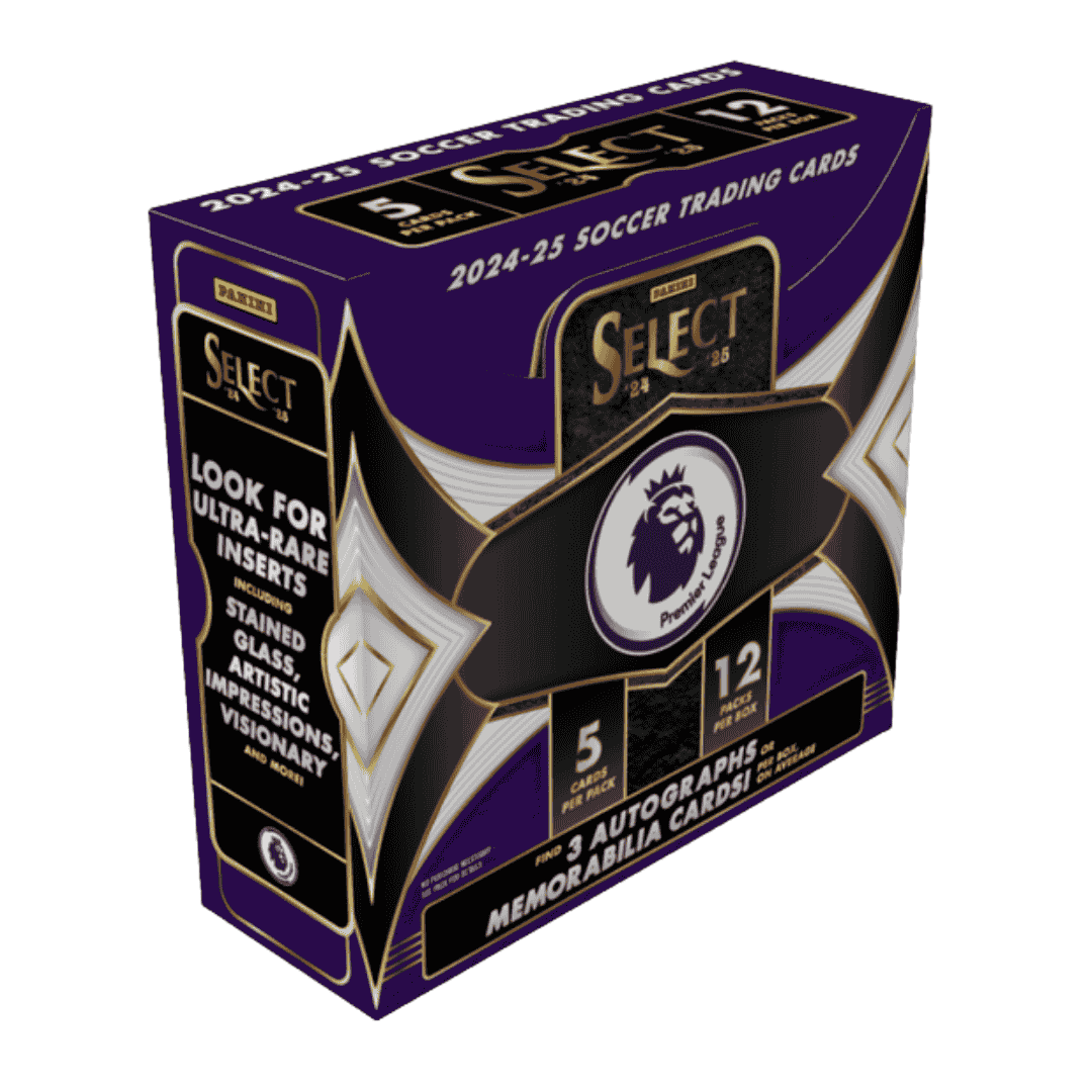 A 2024-25 Panini Select Premier League soccer hobby box featuring purple and gold branding.