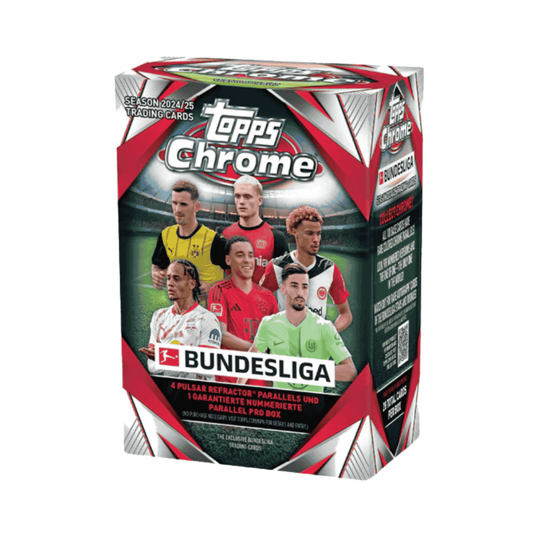 A 2024-25 Topps Chrome Bundesliga soccer blaster box featuring images of professional players.
