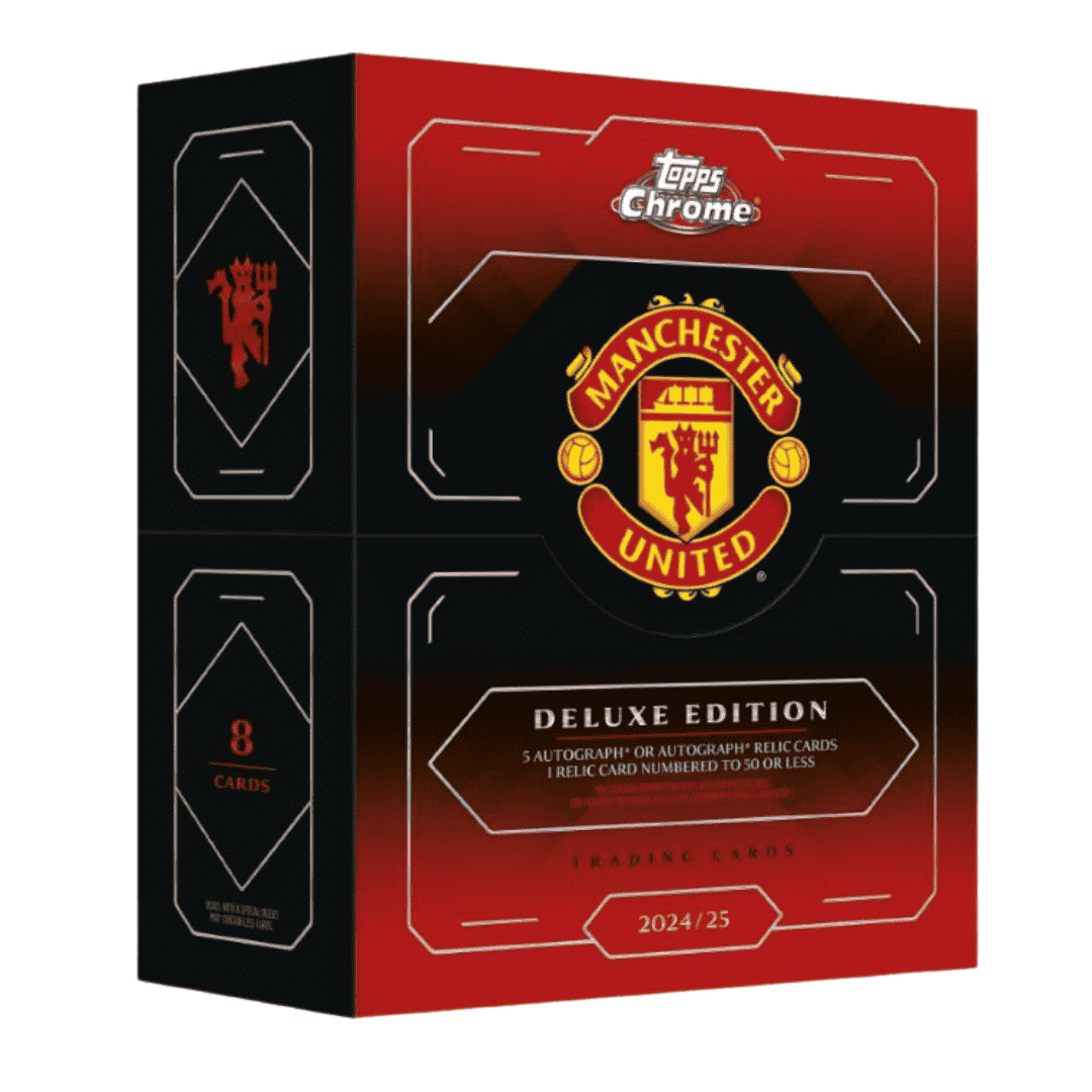 A 2024-25 Topps Chrome Manchester United Deluxe Edition trading card box.