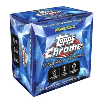 A 2024-25 Topps UEFA Club Competitions Chrome Sapphire Edition soccer card box.