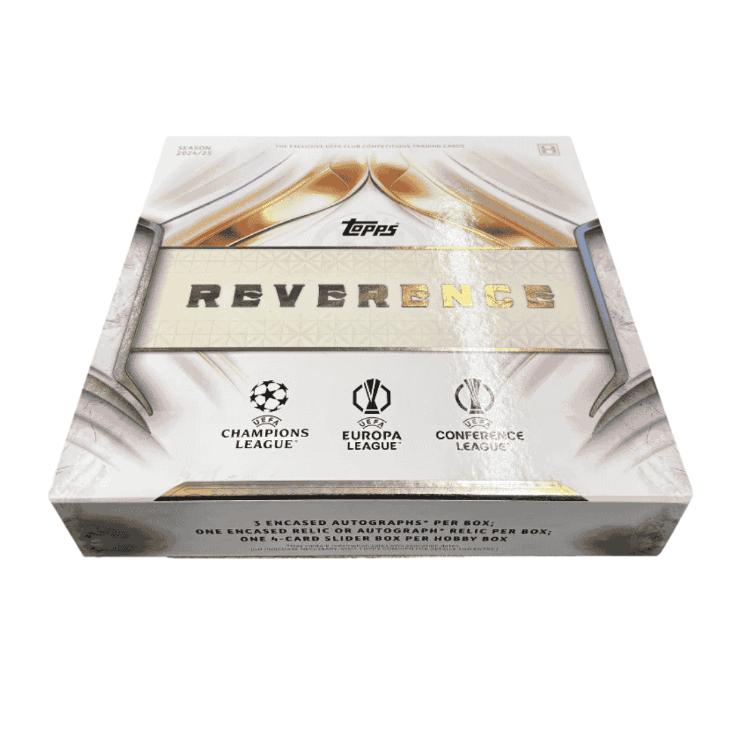 A white 2024-25 Topps UEFA Club Competitions Reverence soccer hobby box.