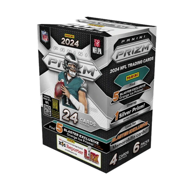 A 2024 Panini Prizm Football blaster box featuring an image of an athlete on the packaging.