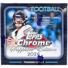 A 2024 Topps Chrome Football Sapphire Edition trading card box featuring Caleb Williams.