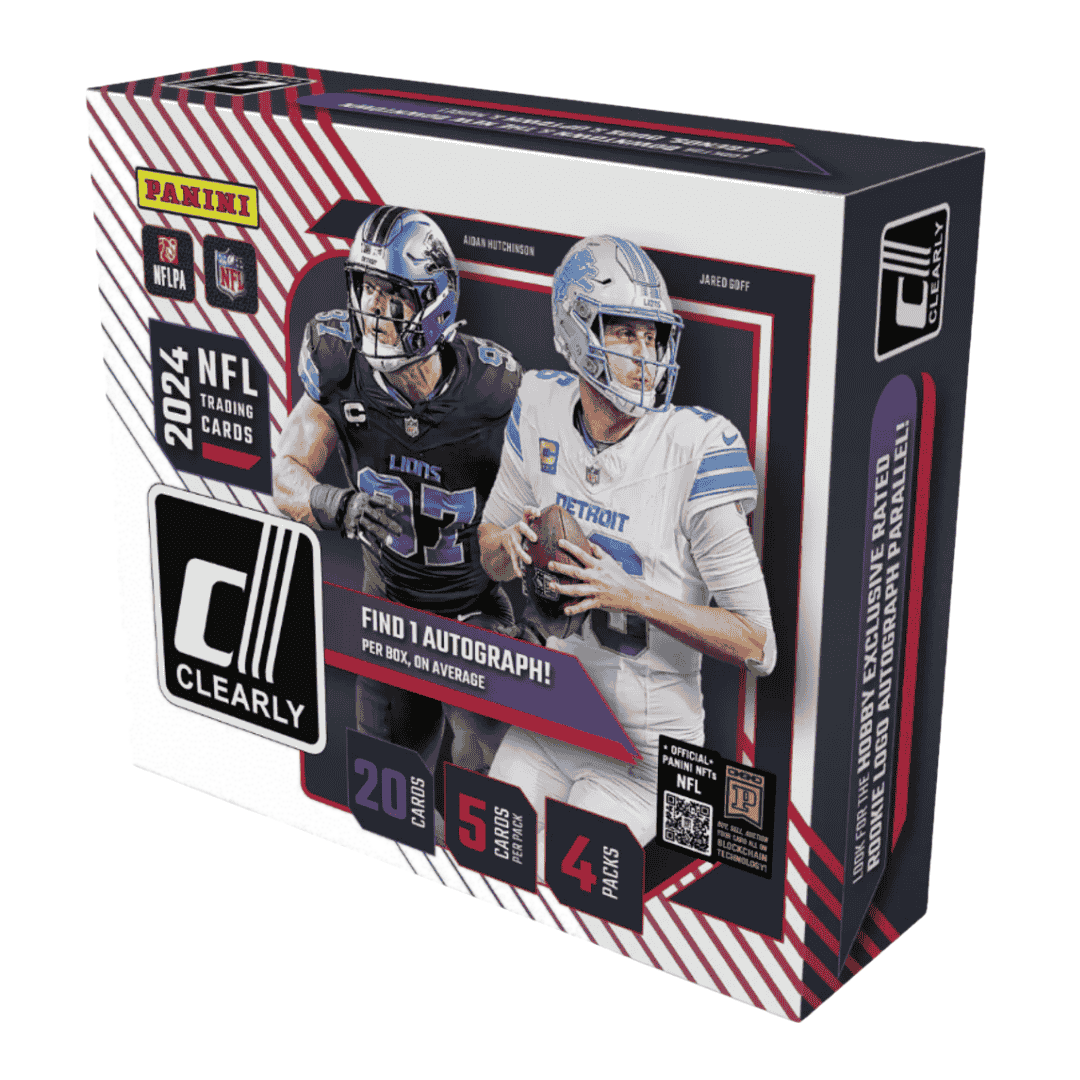 A 2024 Panini Clearly Donruss football hobby box featuring Aidan Hutchinson and Jared Goff.