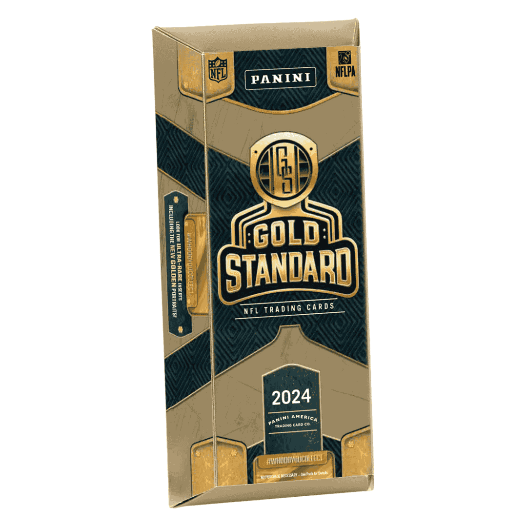 A 2024 Panini Gold Standard NFL football trading card hobby box in black and gold packaging.