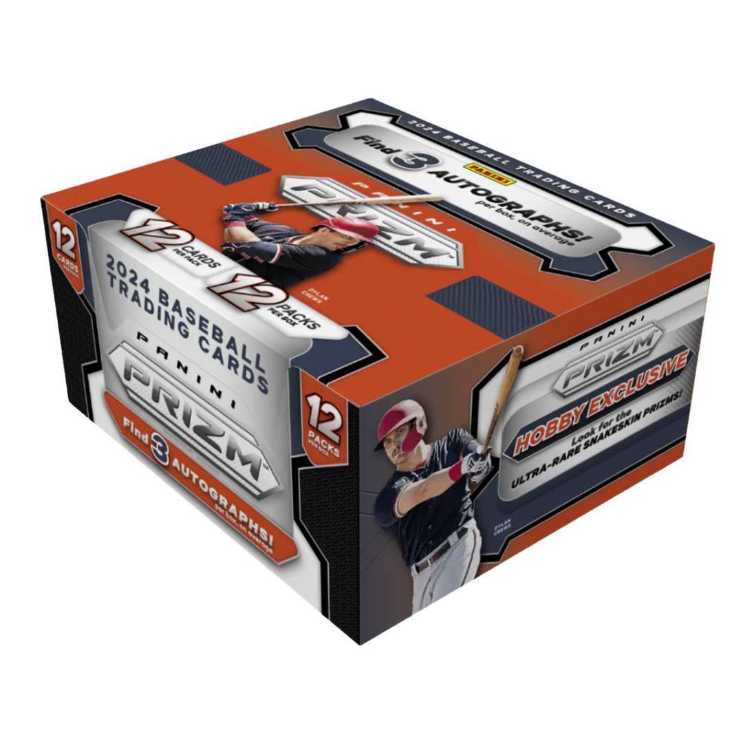 A 2024 Panini Prizm baseball hobby box featuring Dylan Crews on the packaging.